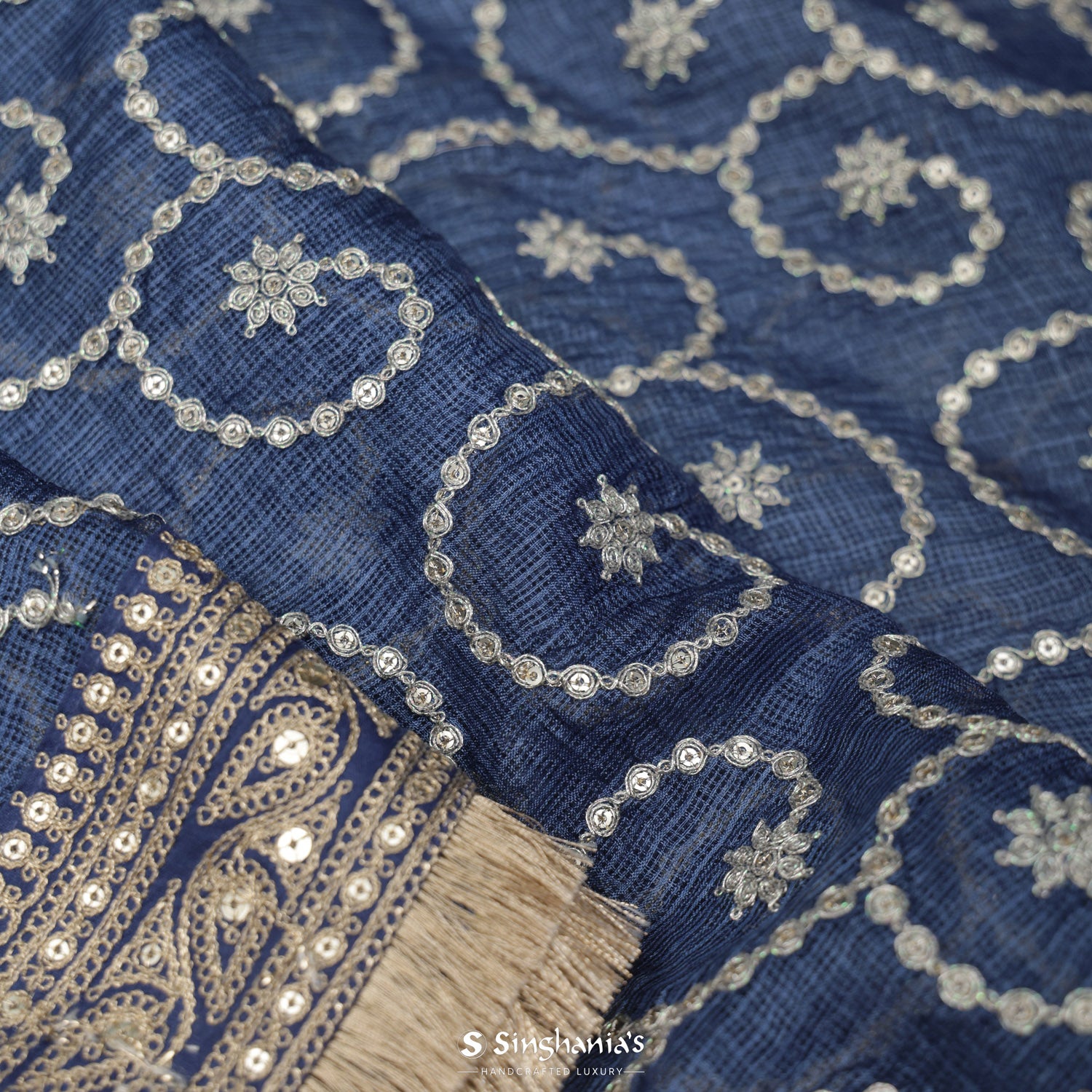 Admiral Blue Kota Silk Saree With Floral Zari Pattern