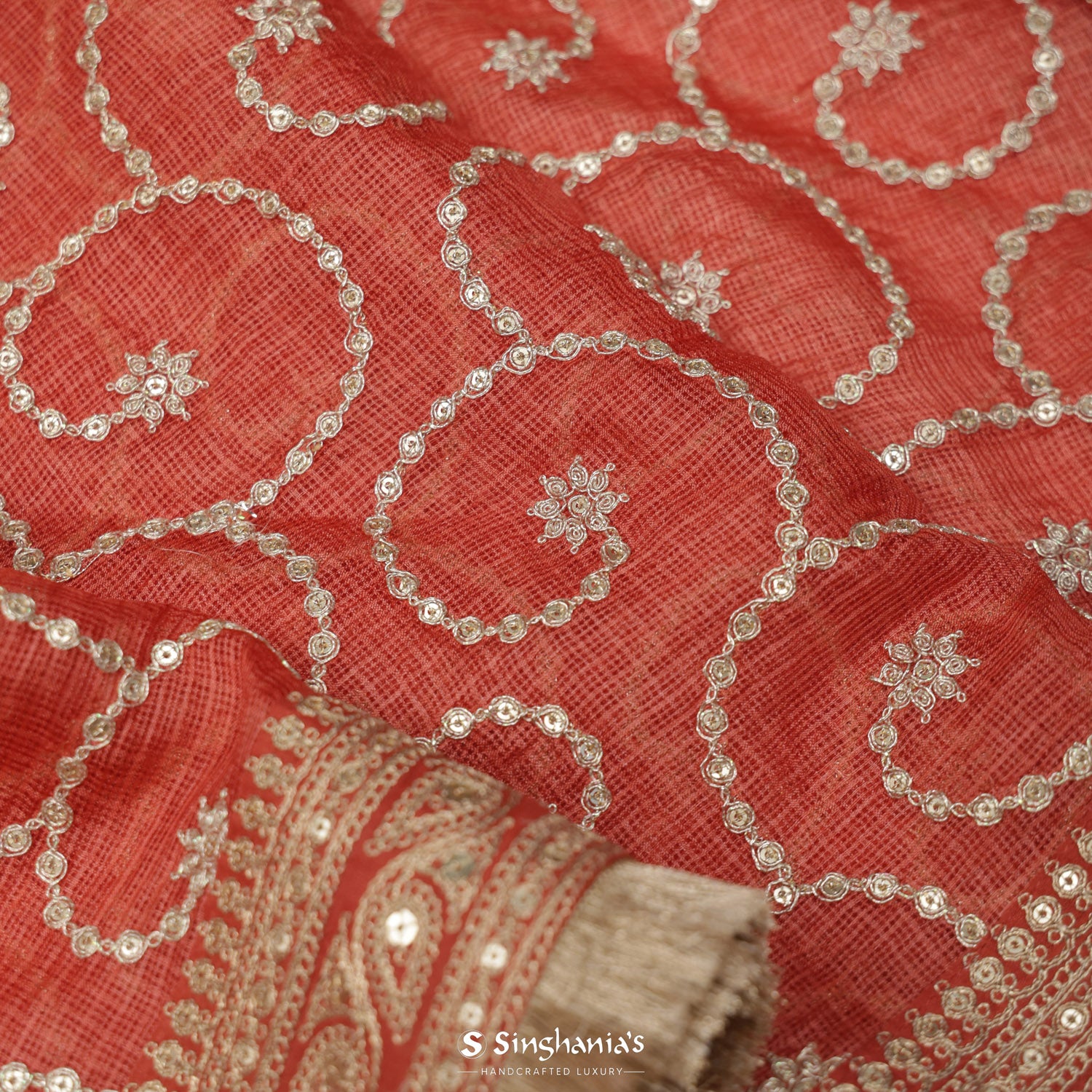 Mecca Orange Kota Silk Saree With Sequin Work In Floral Pattern