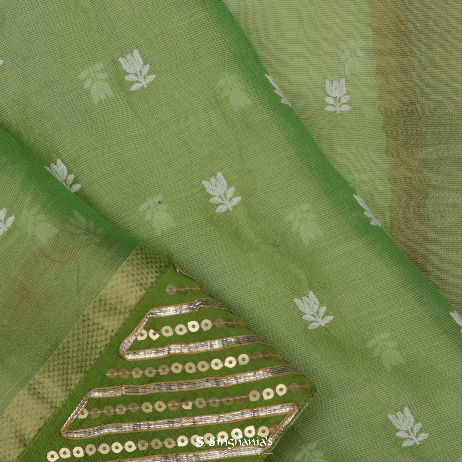 Sage Green Chanderi Saree With Thread In Flower Motifs