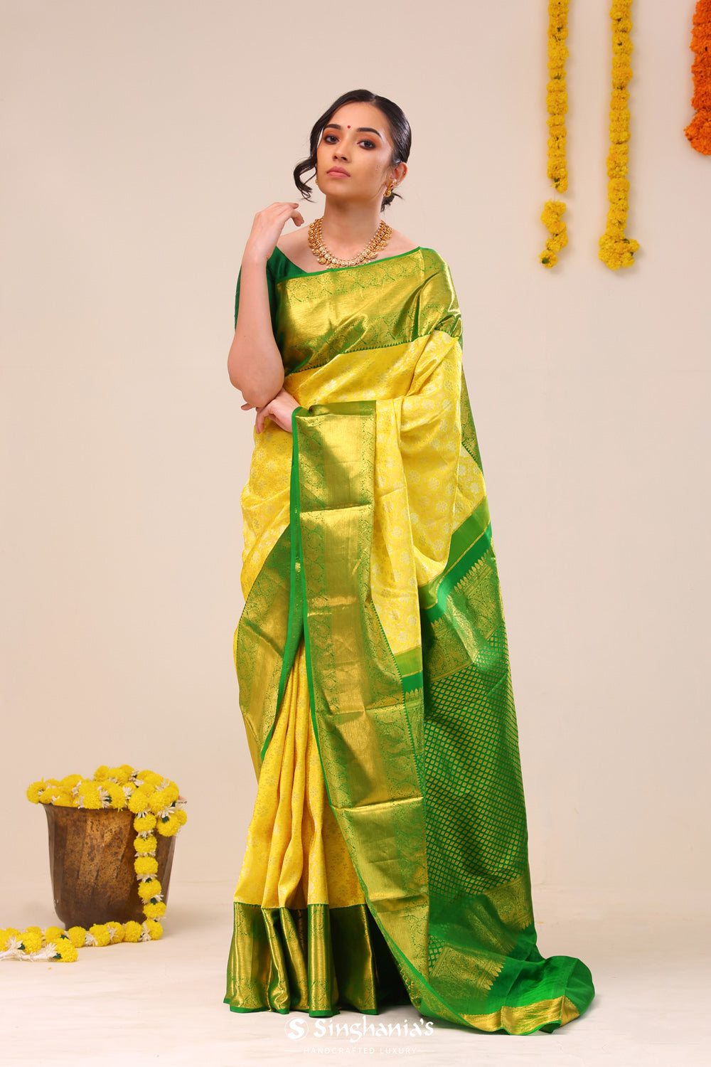 Bright Yellow Jaali Kanjivaram Silk Saree