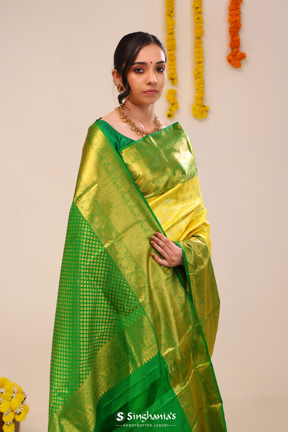 Bright Yellow Jaali Kanjivaram Silk Saree