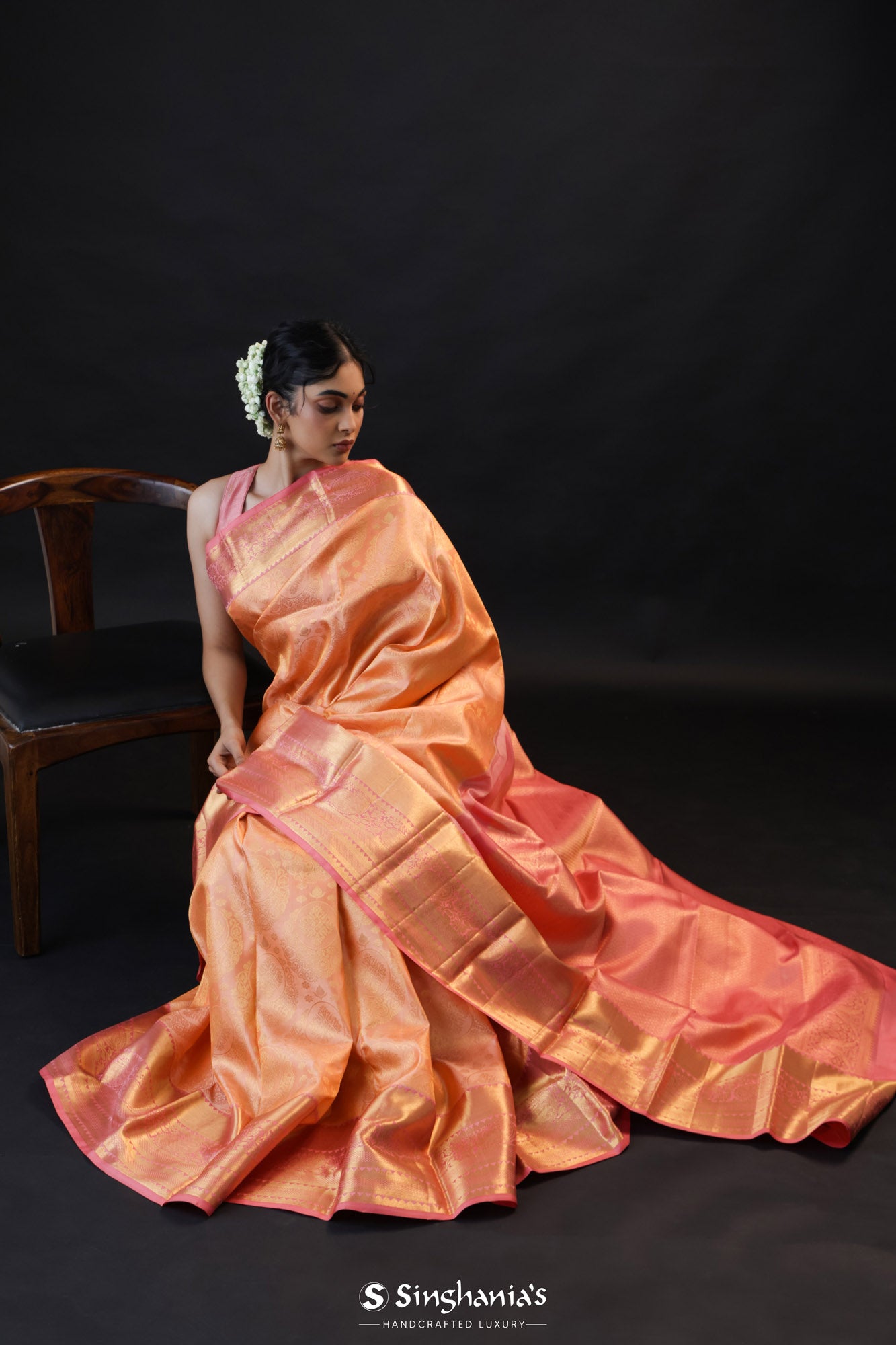 Pastel Peach Kanjivaram Silk Saree With Gold Butti And Big Border