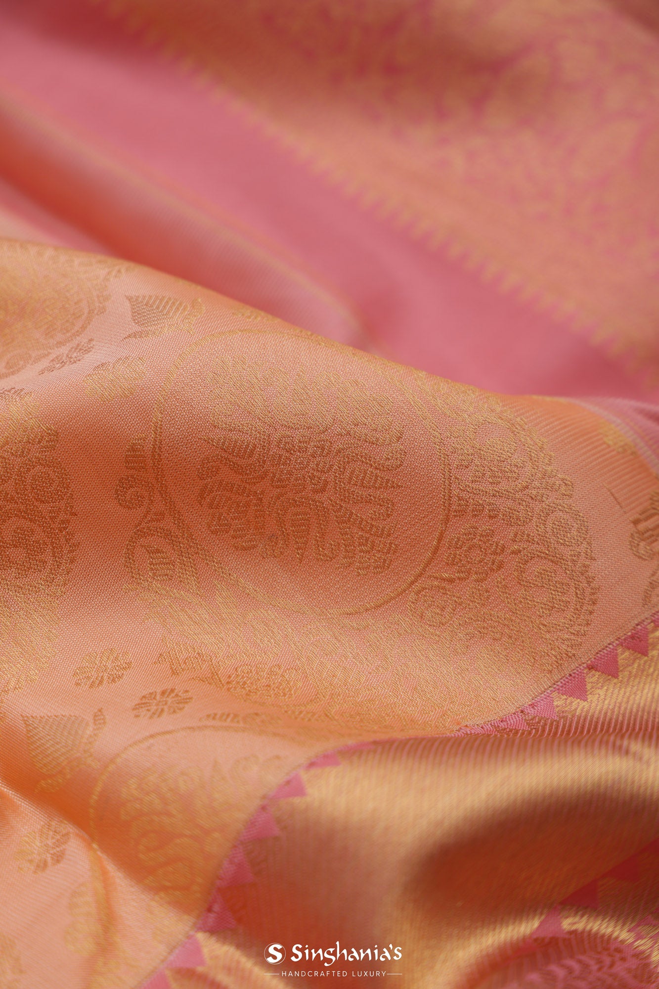 Pastel Peach Kanjivaram Silk Saree With Gold Butti And Big Border