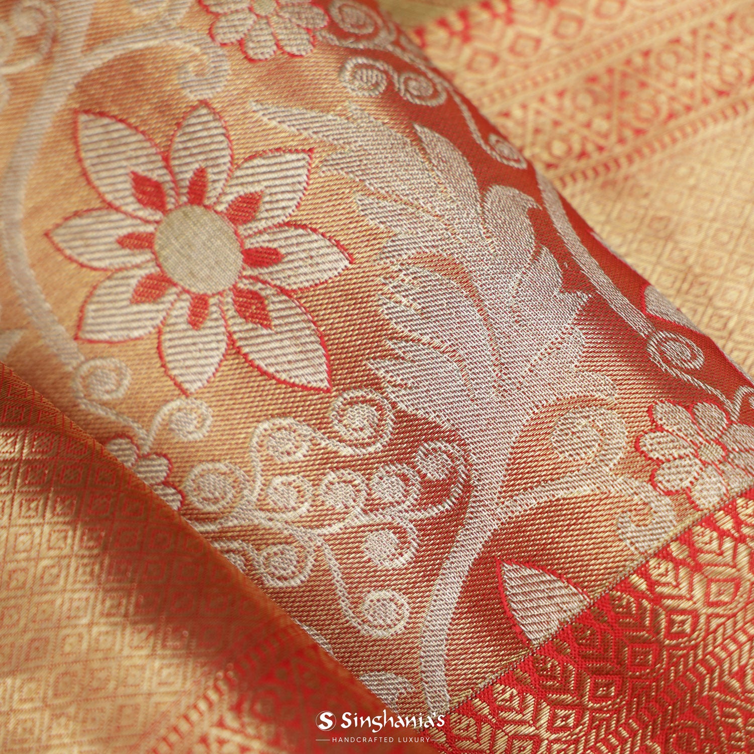 Squash Orange Kanchi Saree With Floral Jaal Pattern