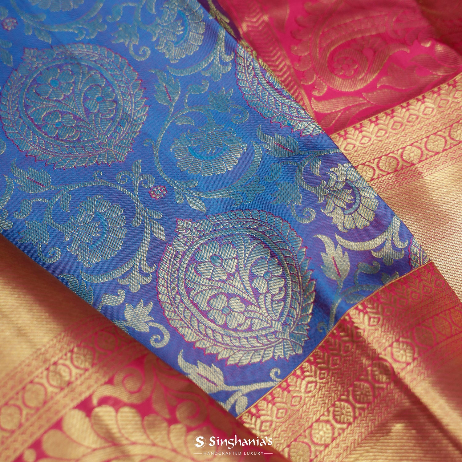 Peacock Blue Kanchi Saree With Floral Butti Pattern