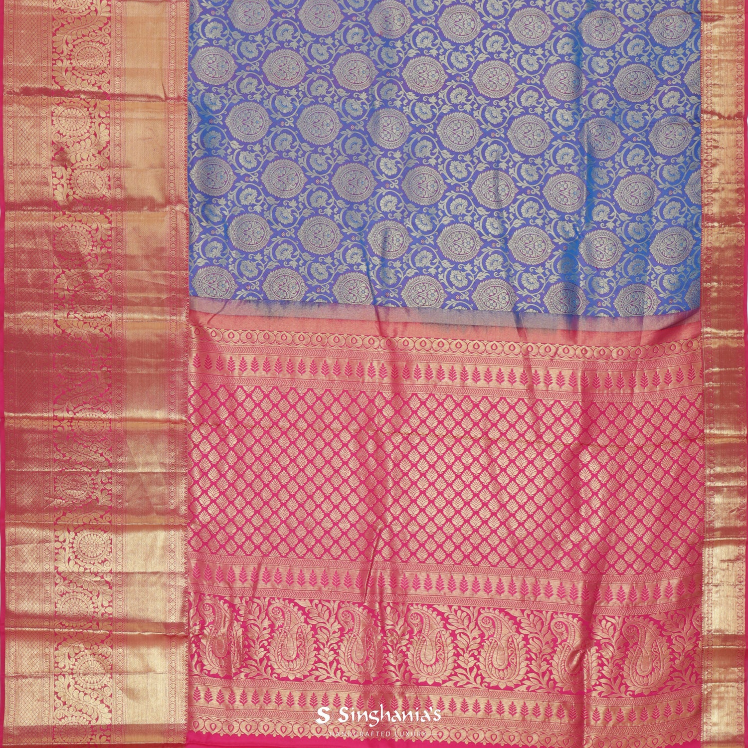 Peacock Blue Kanchi Saree With Floral Butti Pattern