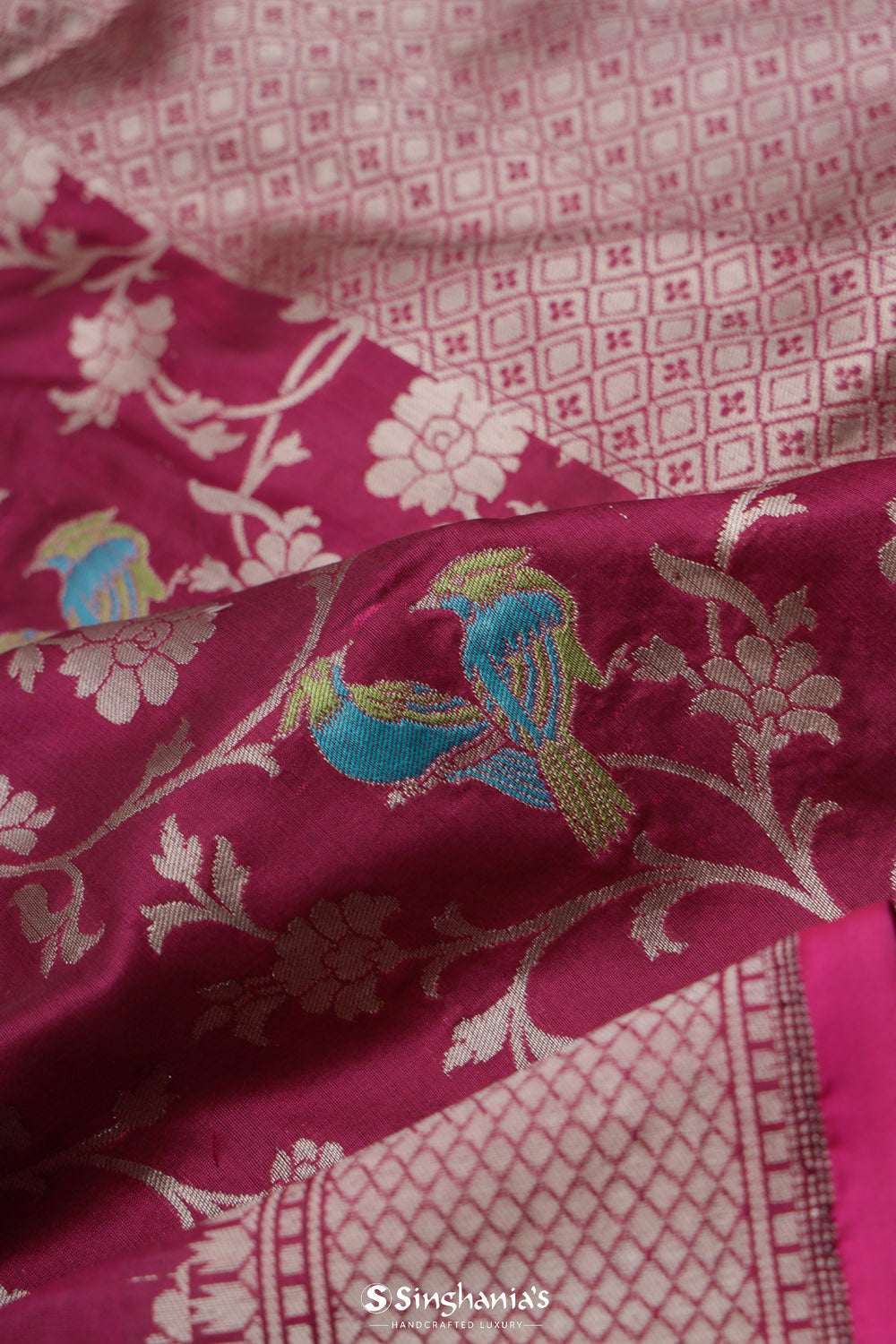 Cardinal Purple Banarasi Silk Saree With Floral-Bird Design
