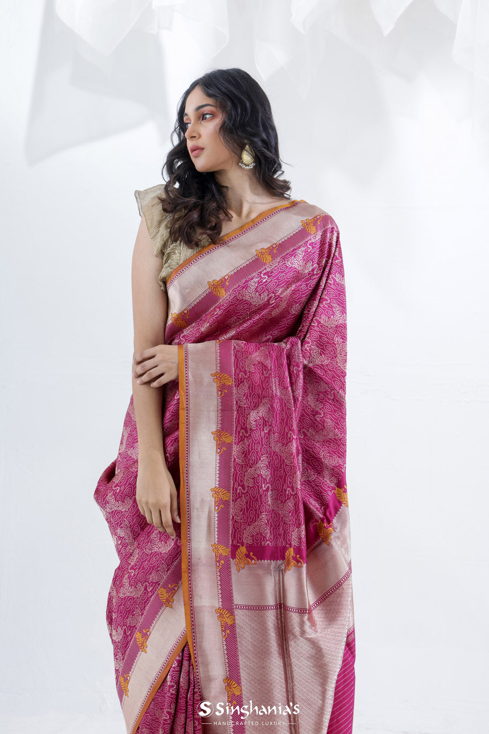 Traffic Purple Banarasi Silk Saree With Tiger Design