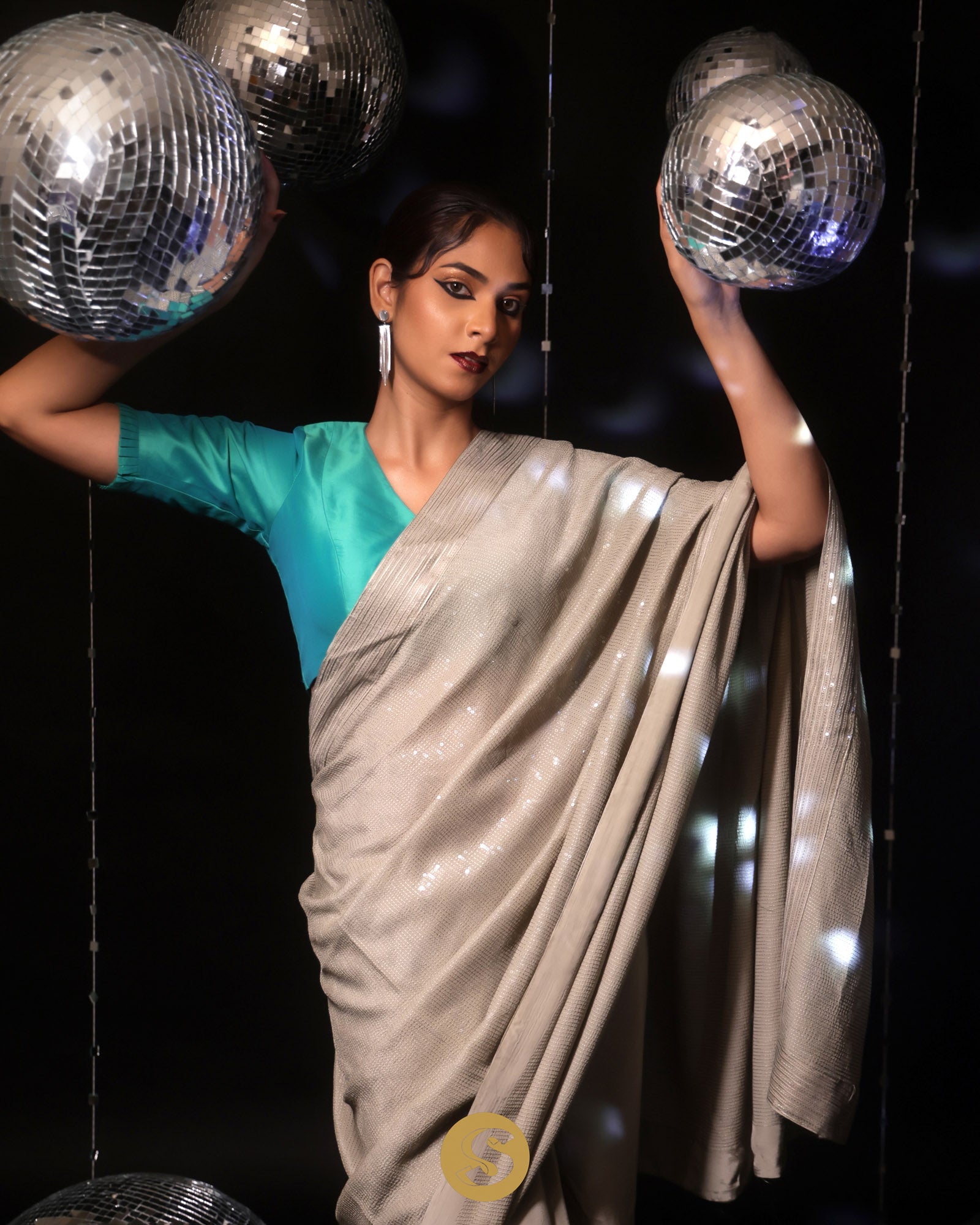 Platinum Grey Satin Saree With Sequins Embroidery