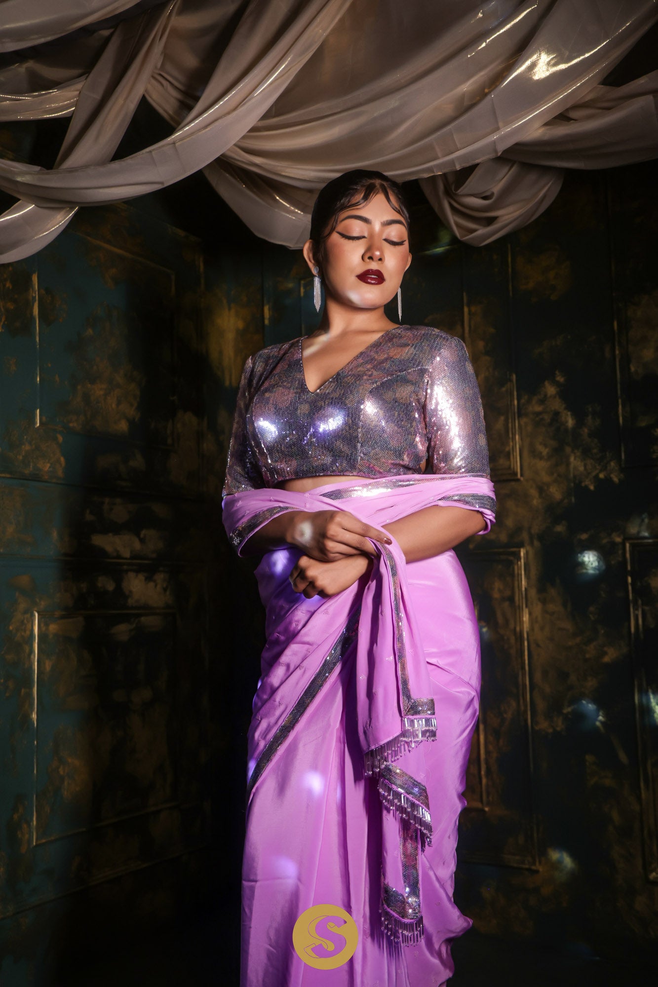 Deep Violet Satin Saree With Sequins Embroidery