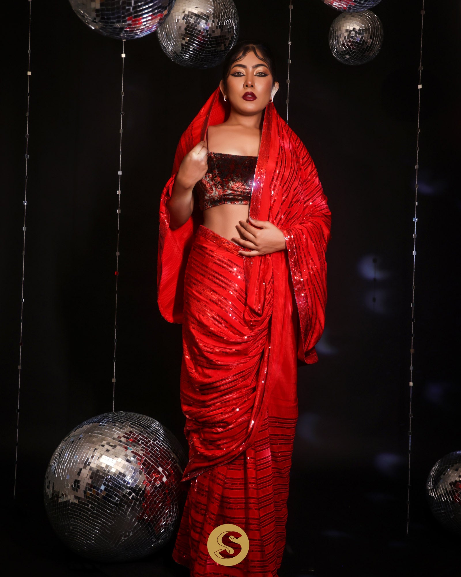 Cadmium Red Satin Saree With Sequin Embroidery