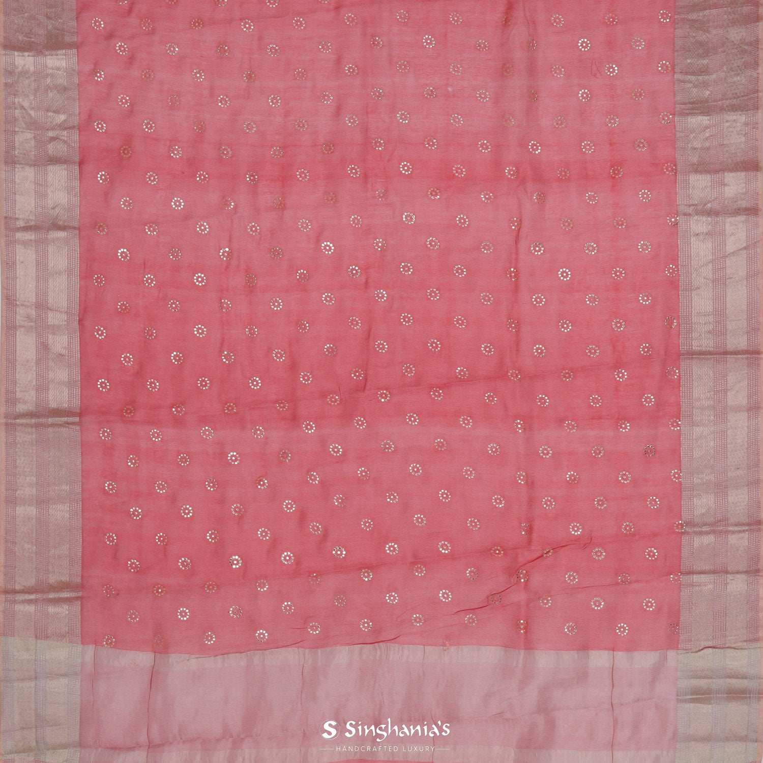 Persian Red Organza Tussar Silk Saree With Mukaish Work In Floral Buttis