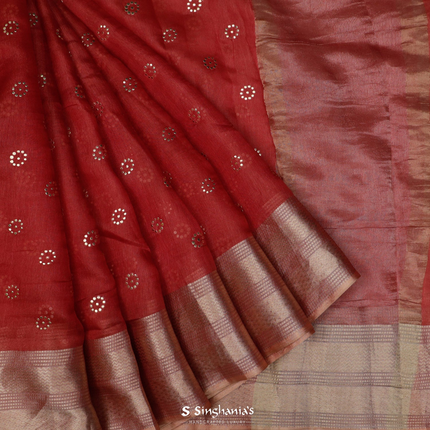 Persian Red Organza Tussar Silk Saree With Mukaish Work In Floral Buttis
