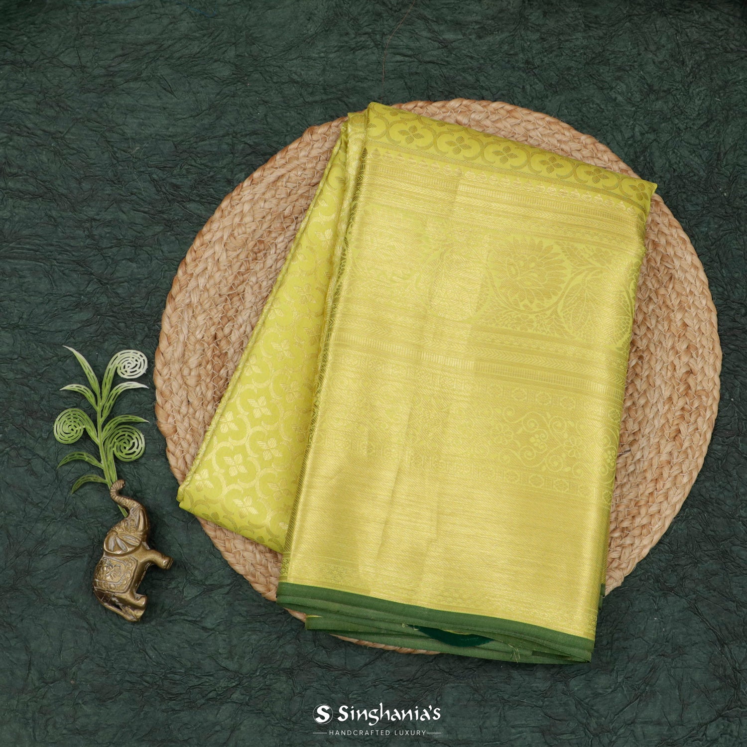 Greenish-Yellow Kanjivaram Saree With Floral Pattern