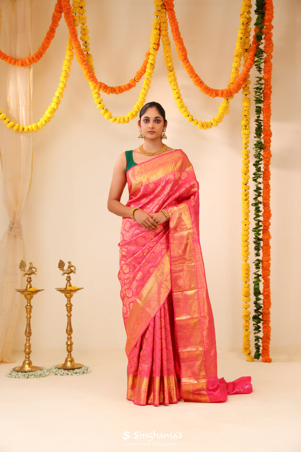 Flamingo Pink Kanjivaram Silk Saree With Floral Jaal Work