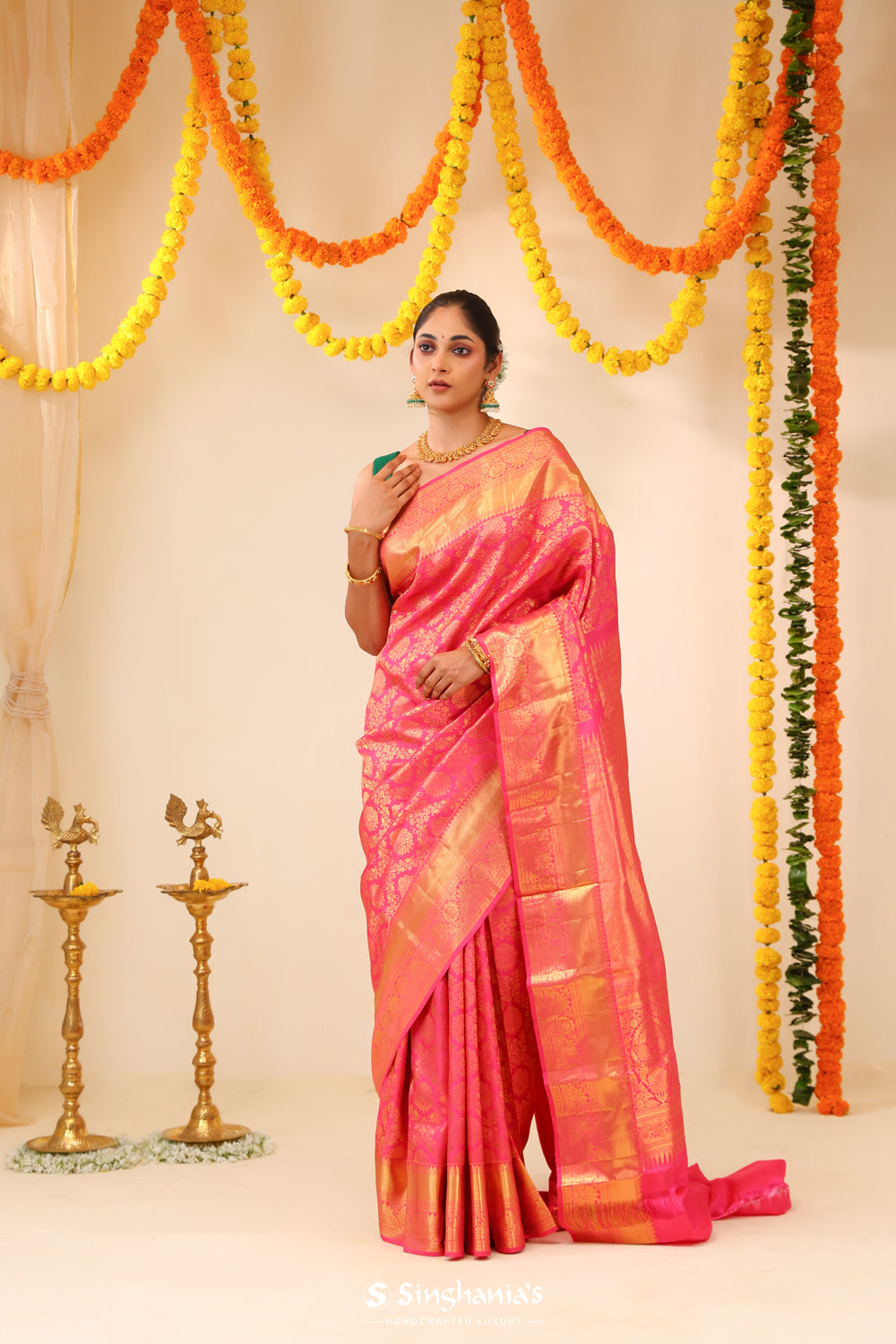 Flamingo Pink Kanjivaram Silk Saree With Floral Jaal Work