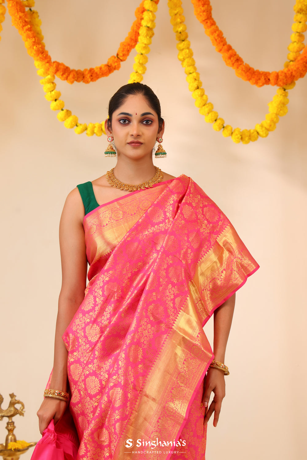 Flamingo Pink Kanjivaram Silk Saree With Floral Jaal Work