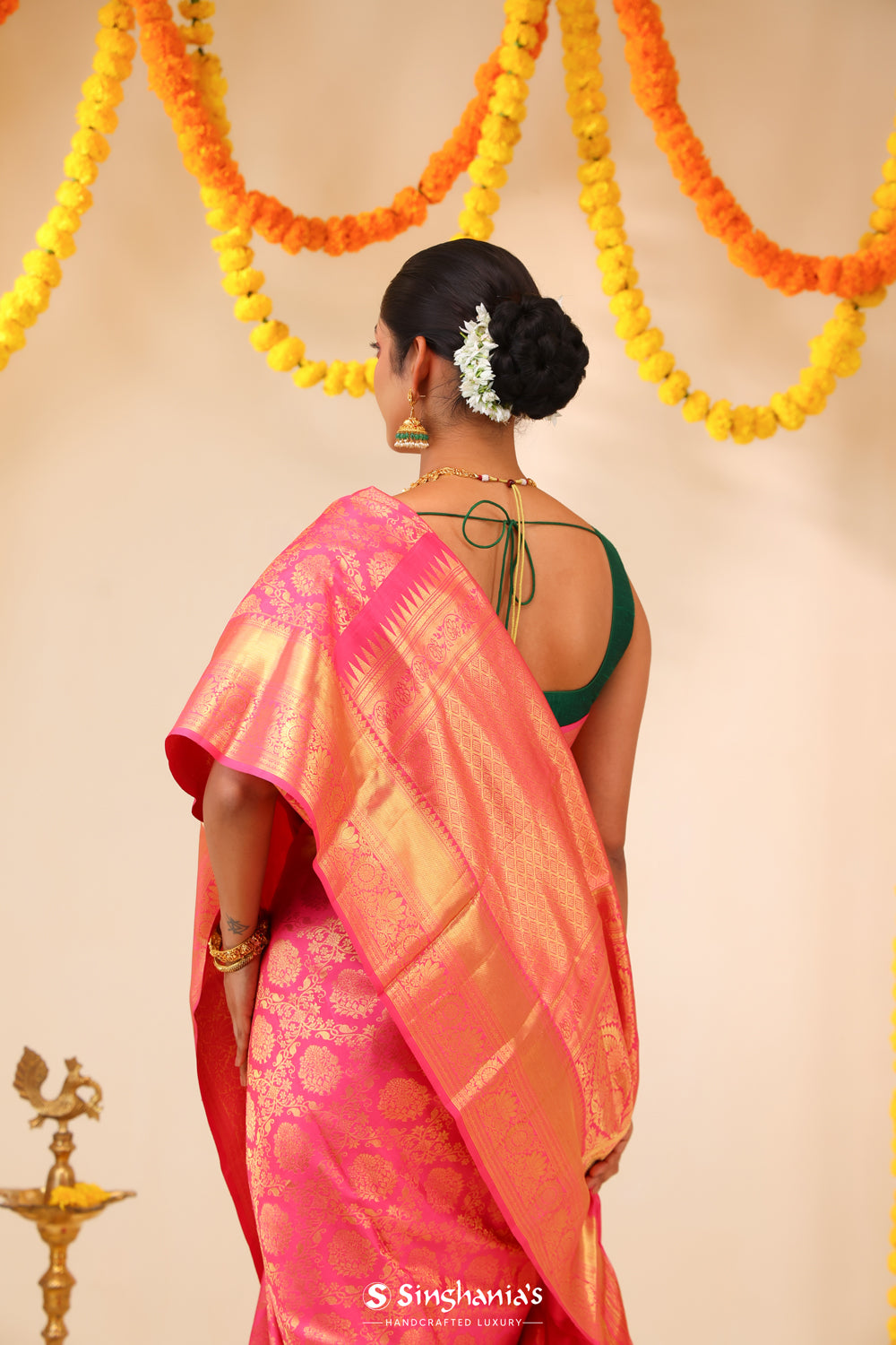 Flamingo Pink Kanjivaram Silk Saree With Floral Jaal Work