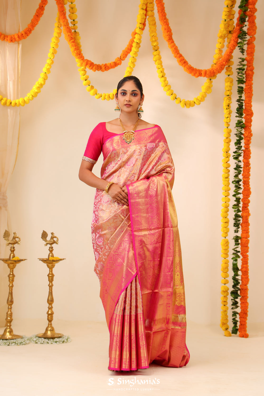 Pink Peach Tissue Kanjivaram Saree With Floral Jaal Weaving