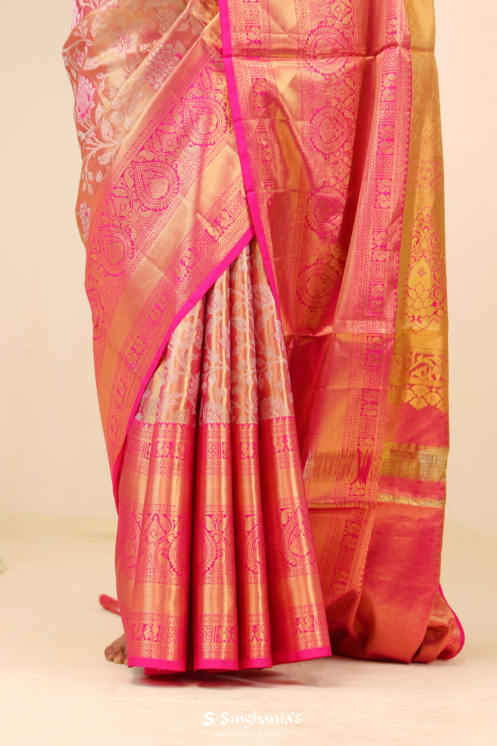 Pink Peach Tissue Kanjivaram Saree With Floral Jaal Weaving