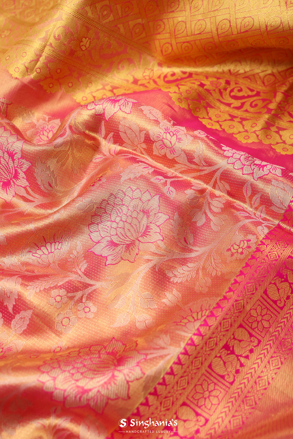 Pink Peach Tissue Kanjivaram Saree With Floral Jaal Weaving