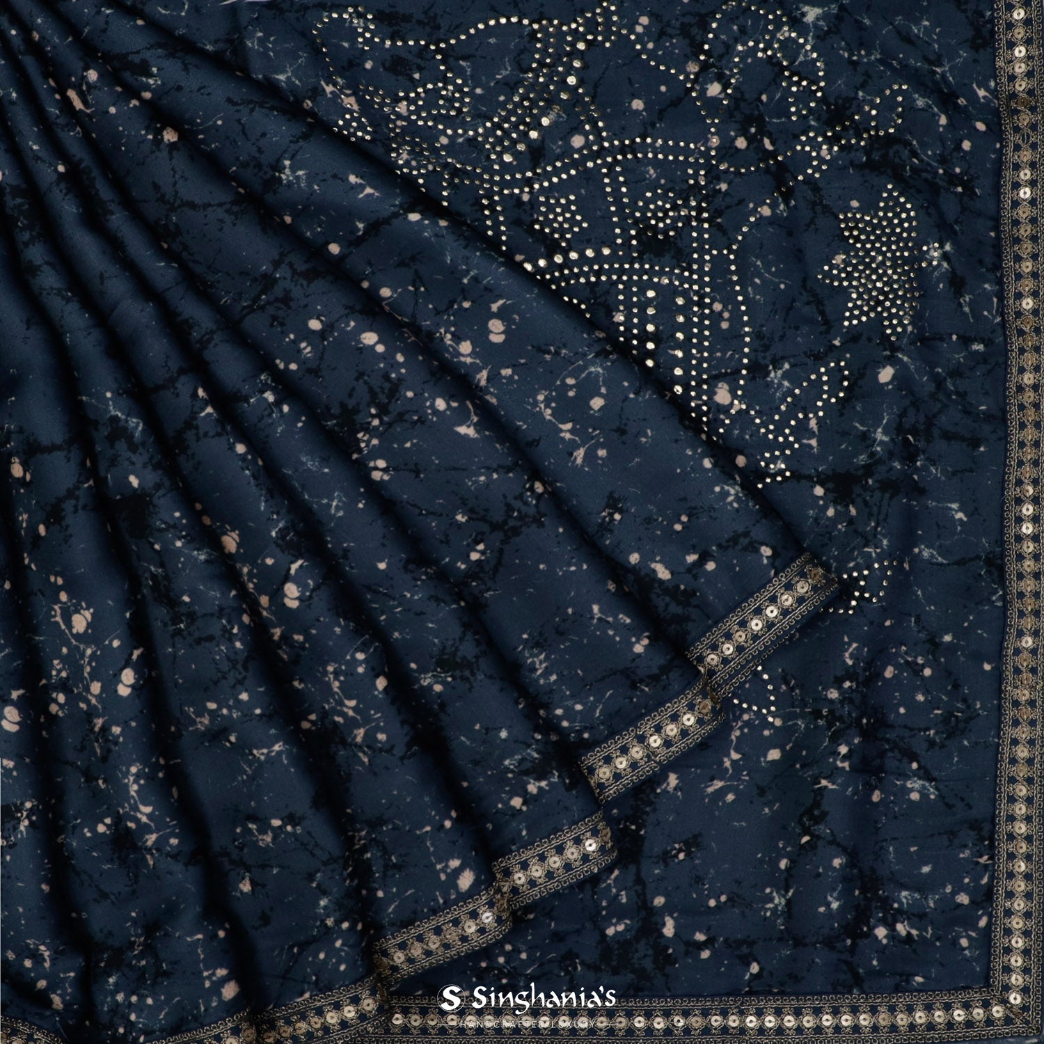 Broncos Blue Printed Satin Satin Silk Saree With Splash Pattern