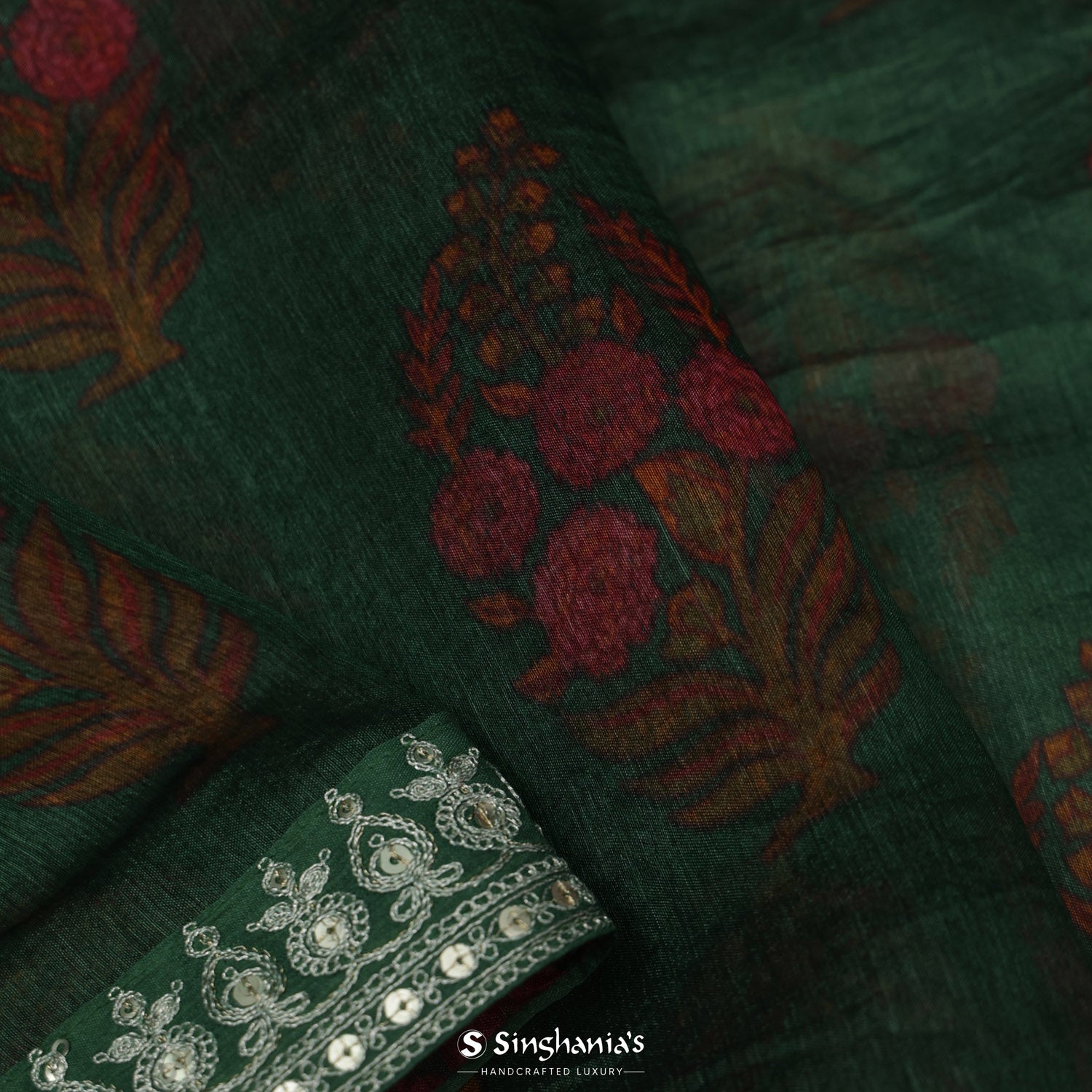 Castleton Green Tussar Silk Saree With Hand Embroidery