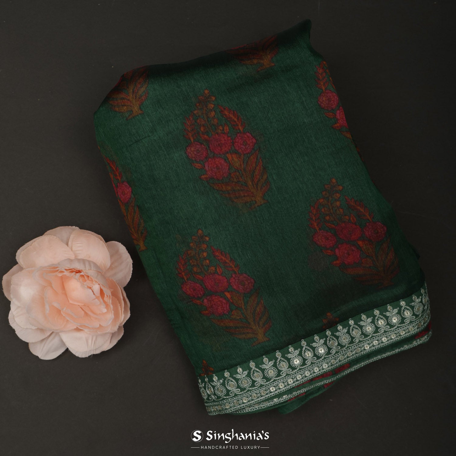 Castleton Green Tussar Silk Saree With Hand Embroidery