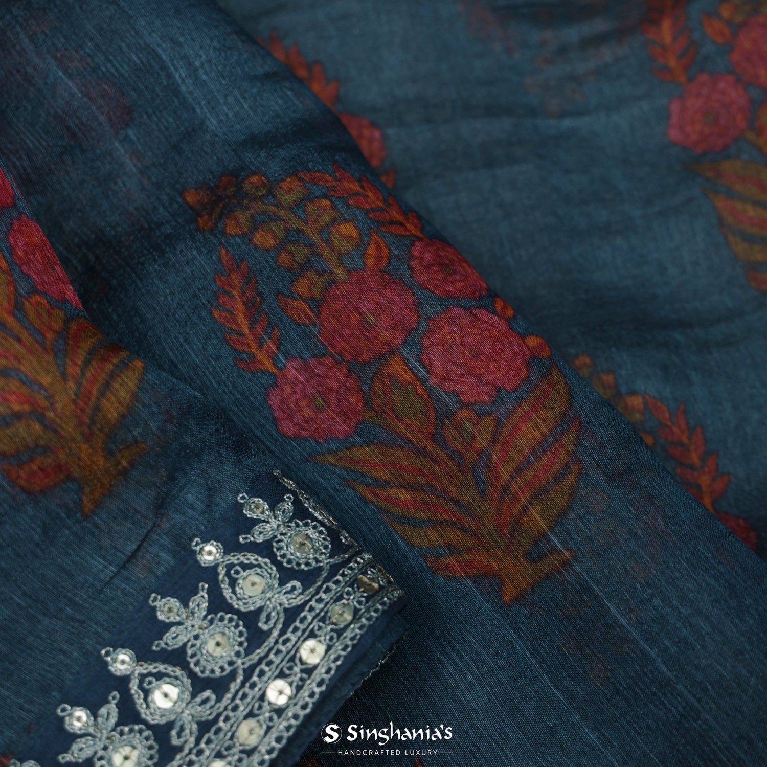 Aegean Blue Organza Tussar Saree With Printed Floral Pattern