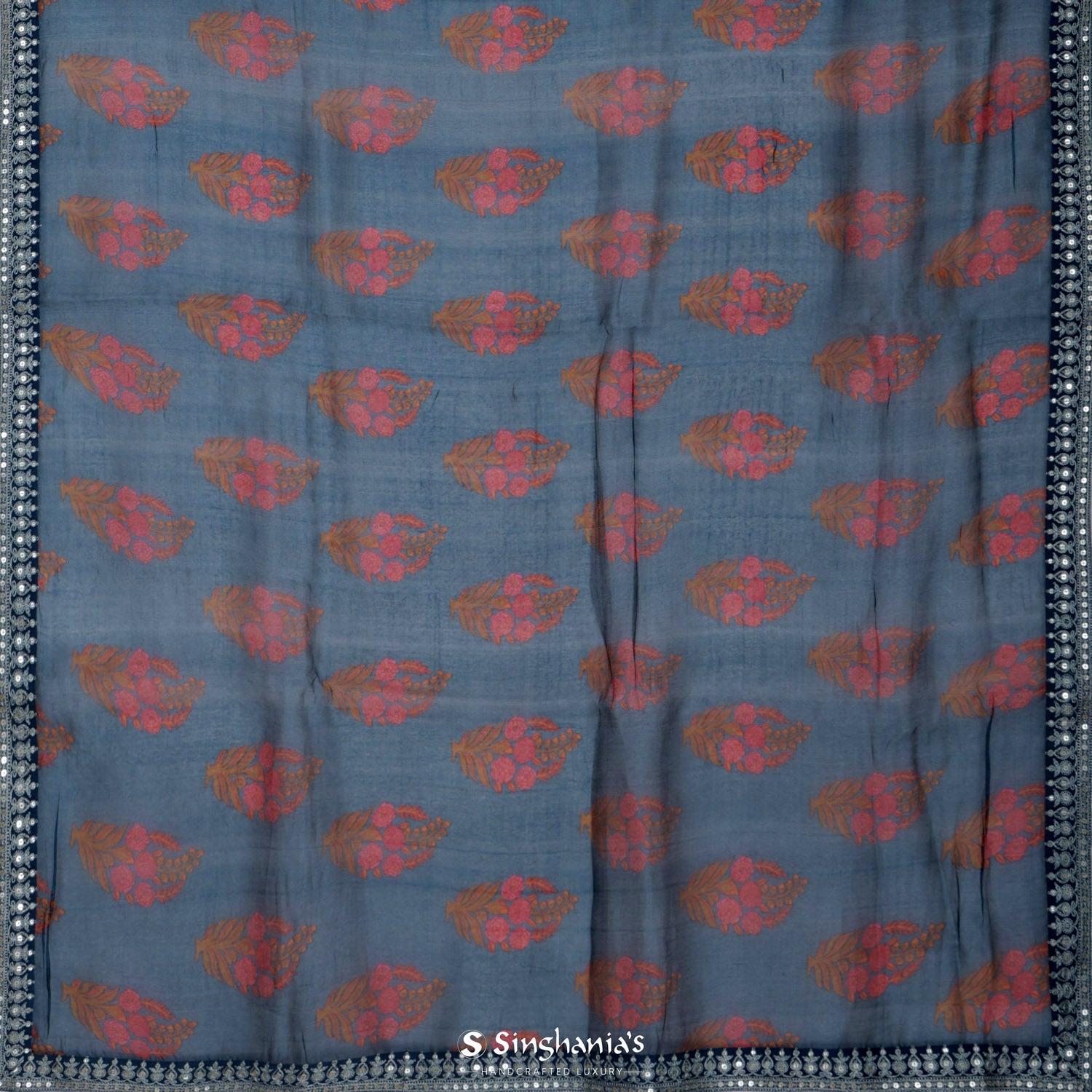 Aegean Blue Organza Tussar Saree With Printed Floral Pattern