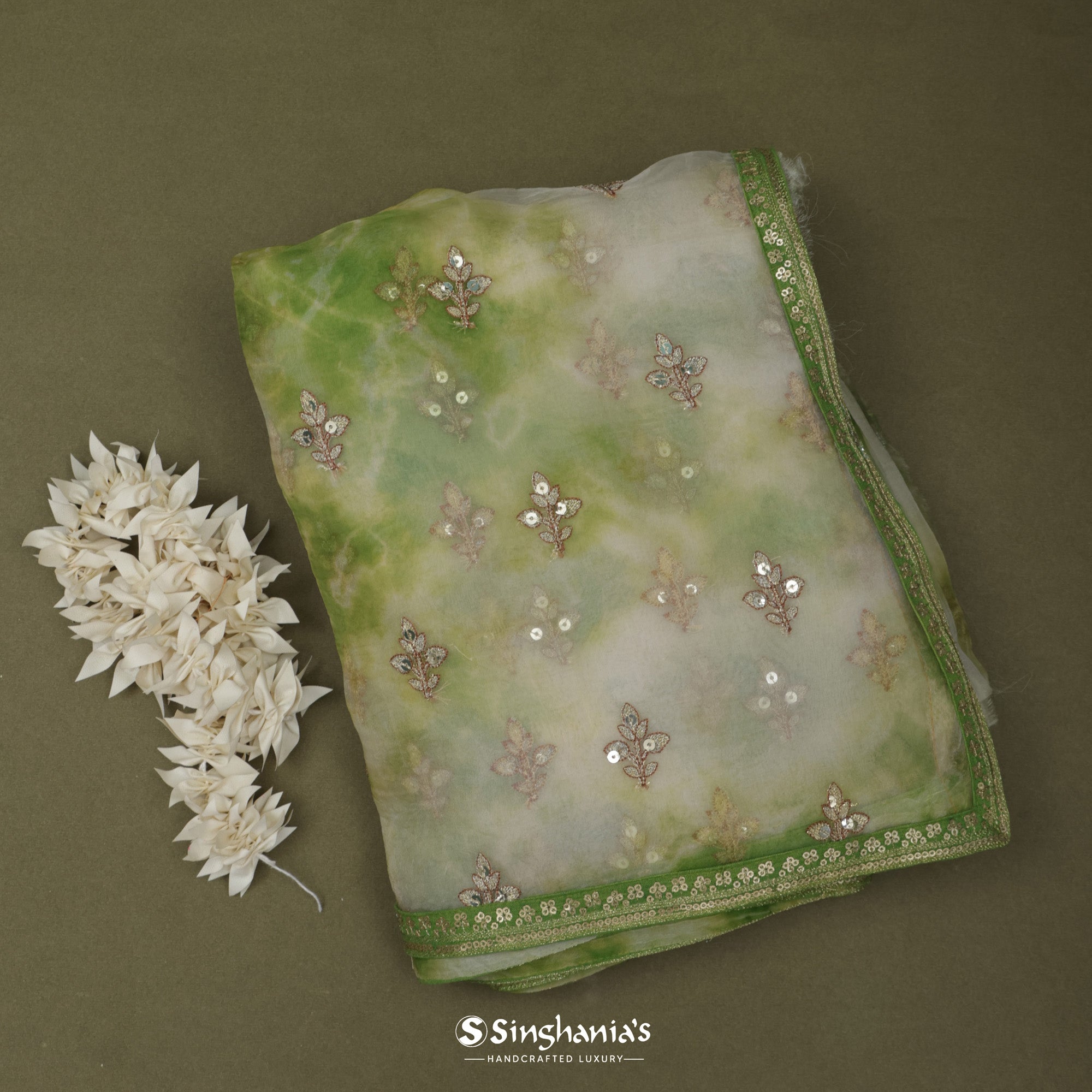 Olive Green Organza Saree With Embroidery