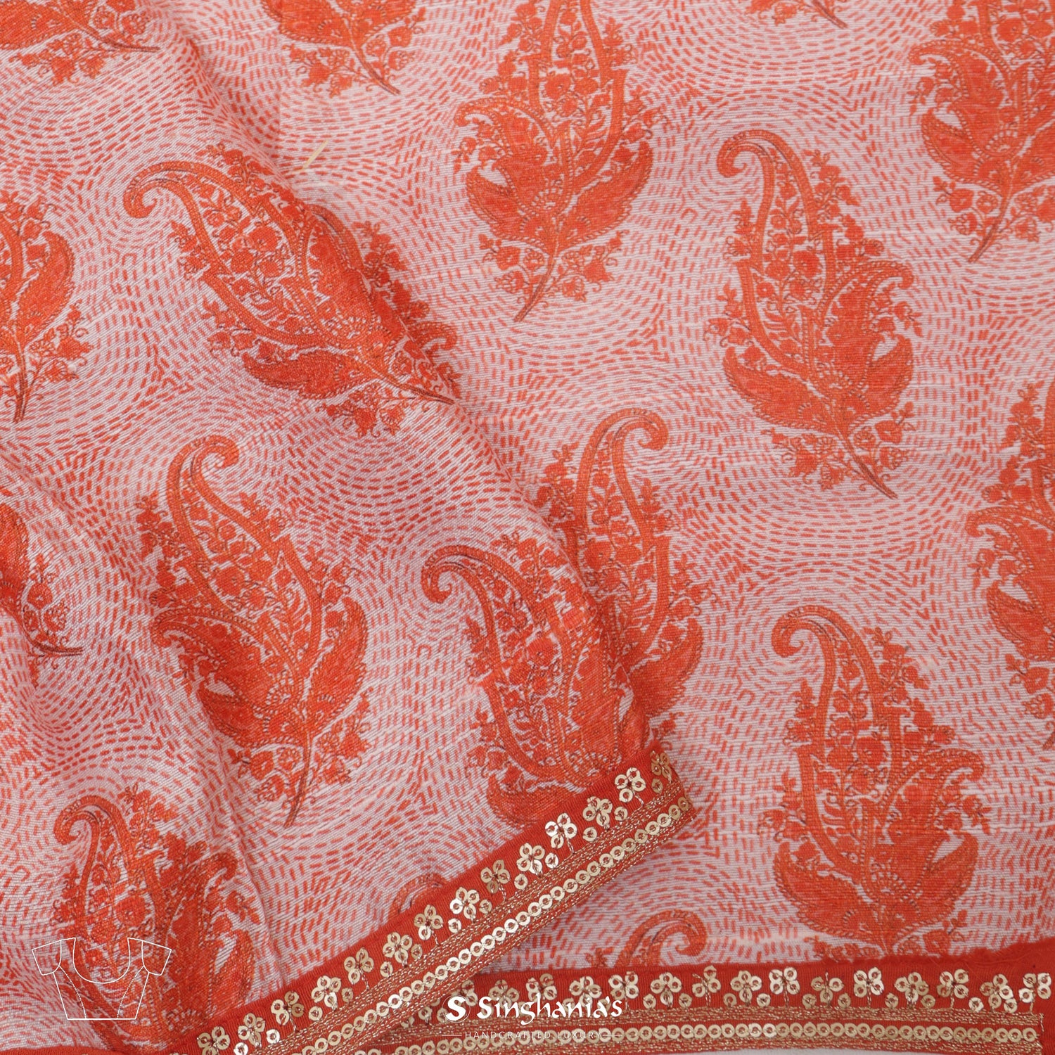 Coral Orange Printed Organza Saree With Floral Buttis