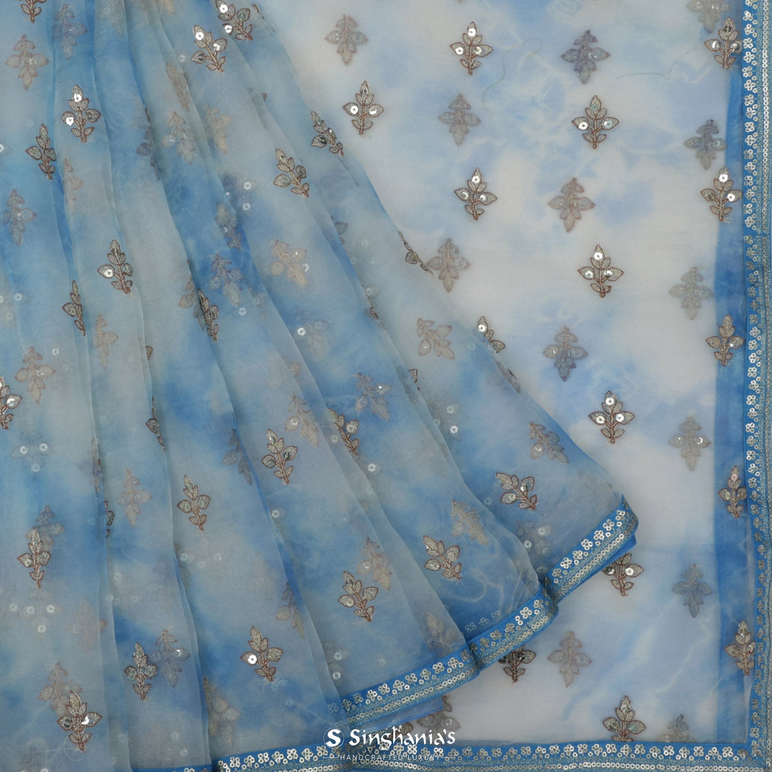 Snow White Printed Organza Saree With Floral Buttis