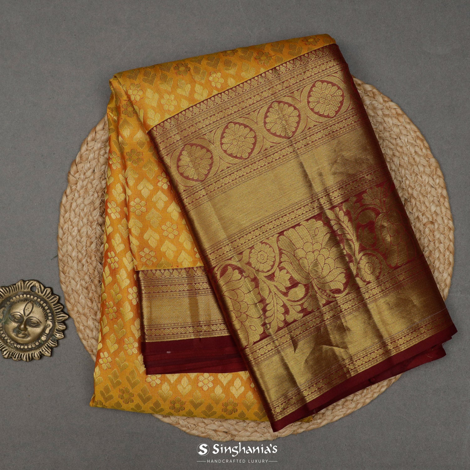 Golden Yellow Kanjivaram Silk Saree With Floral Brocade Pattern