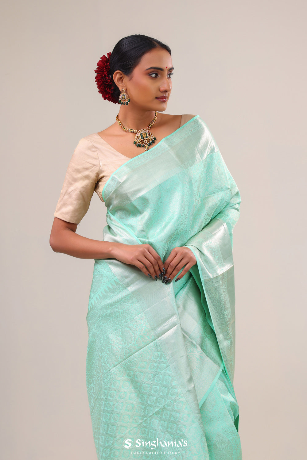 Bright Mint Jaal Kanjivaram Silk Saree