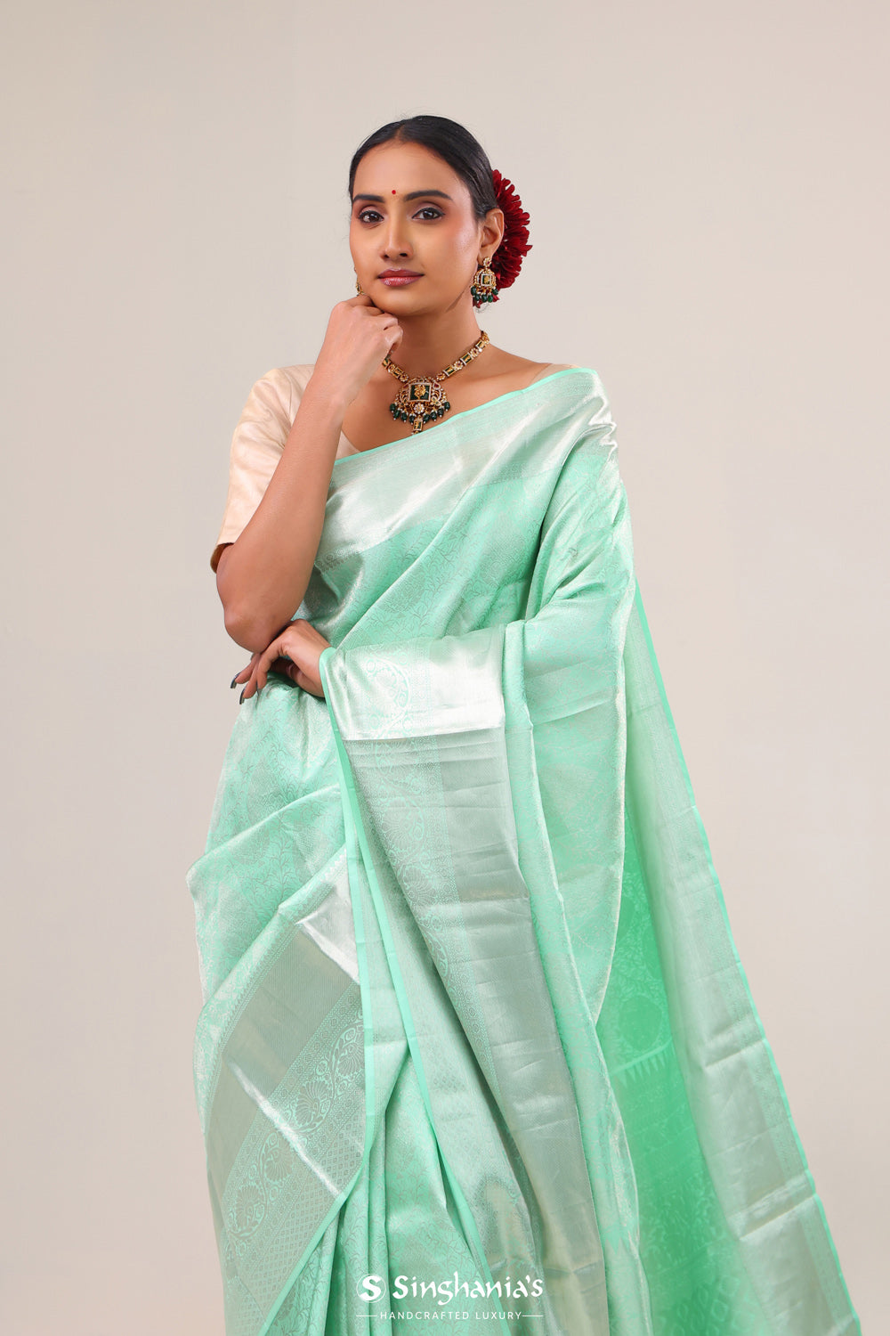 Bright Mint Jaal Kanjivaram Silk Saree