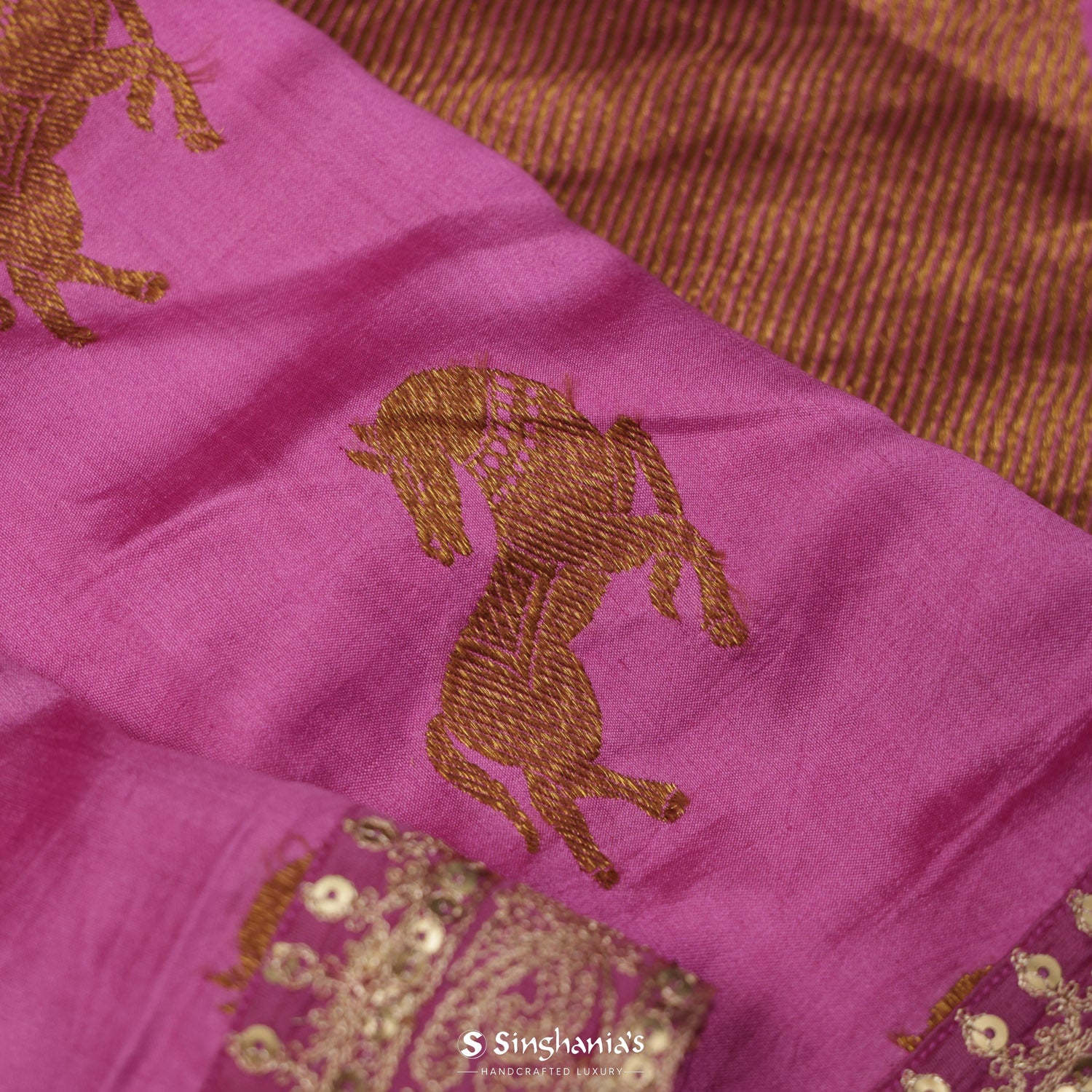 Neon Pink Silk Saree With Animal Butti Weaving