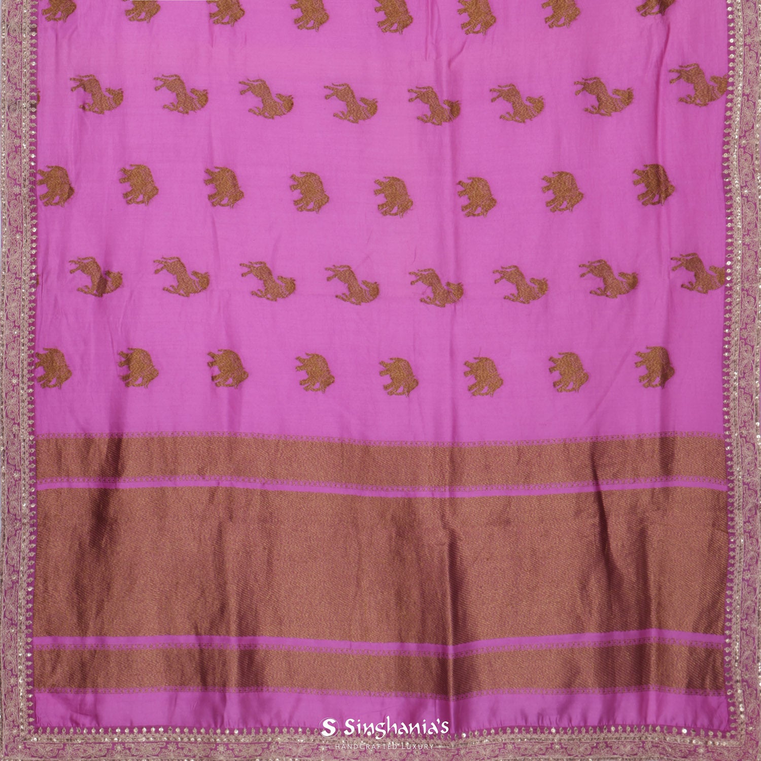 Neon Pink Silk Saree With Animal Butti Weaving