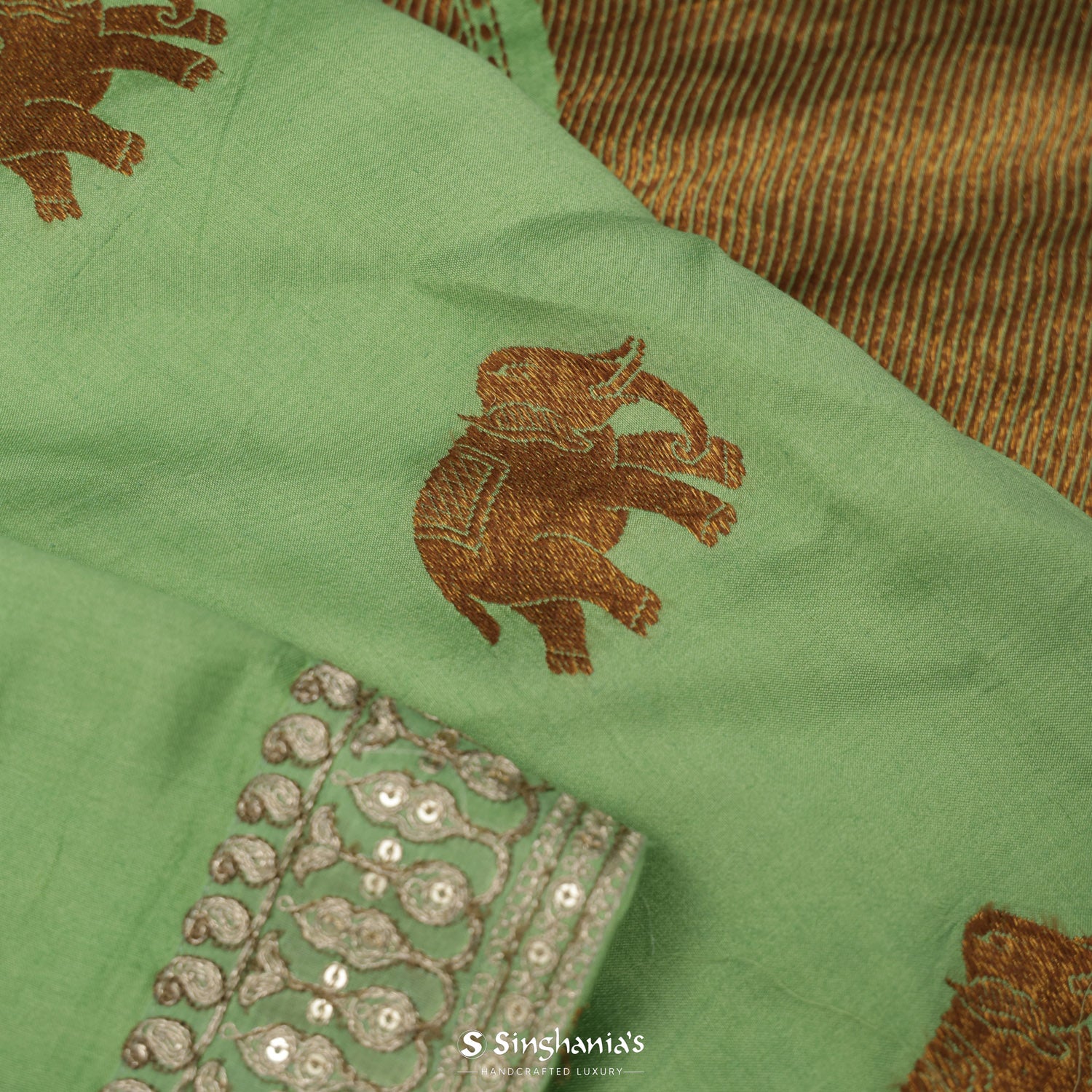 Mint Green Silk Saree With Animal Butti Weaving