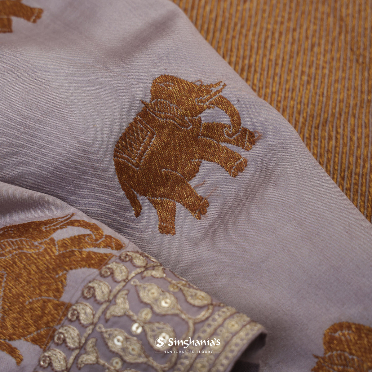 Lavander Gray Silk Saree With Animal Woven Buttas