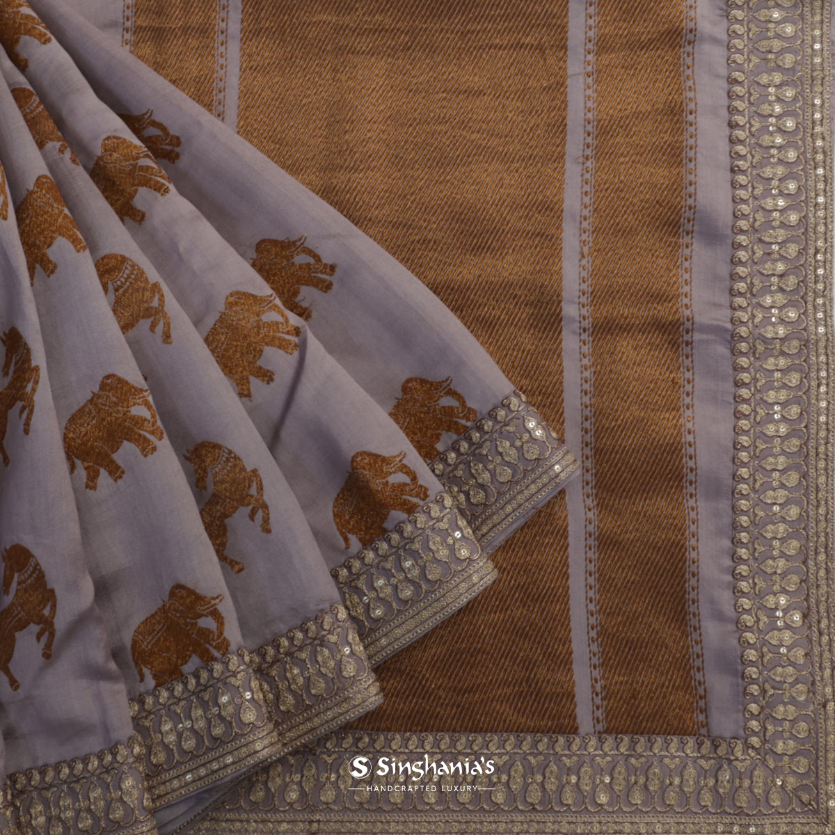 Lavander Gray Silk Saree With Animal Woven Buttas