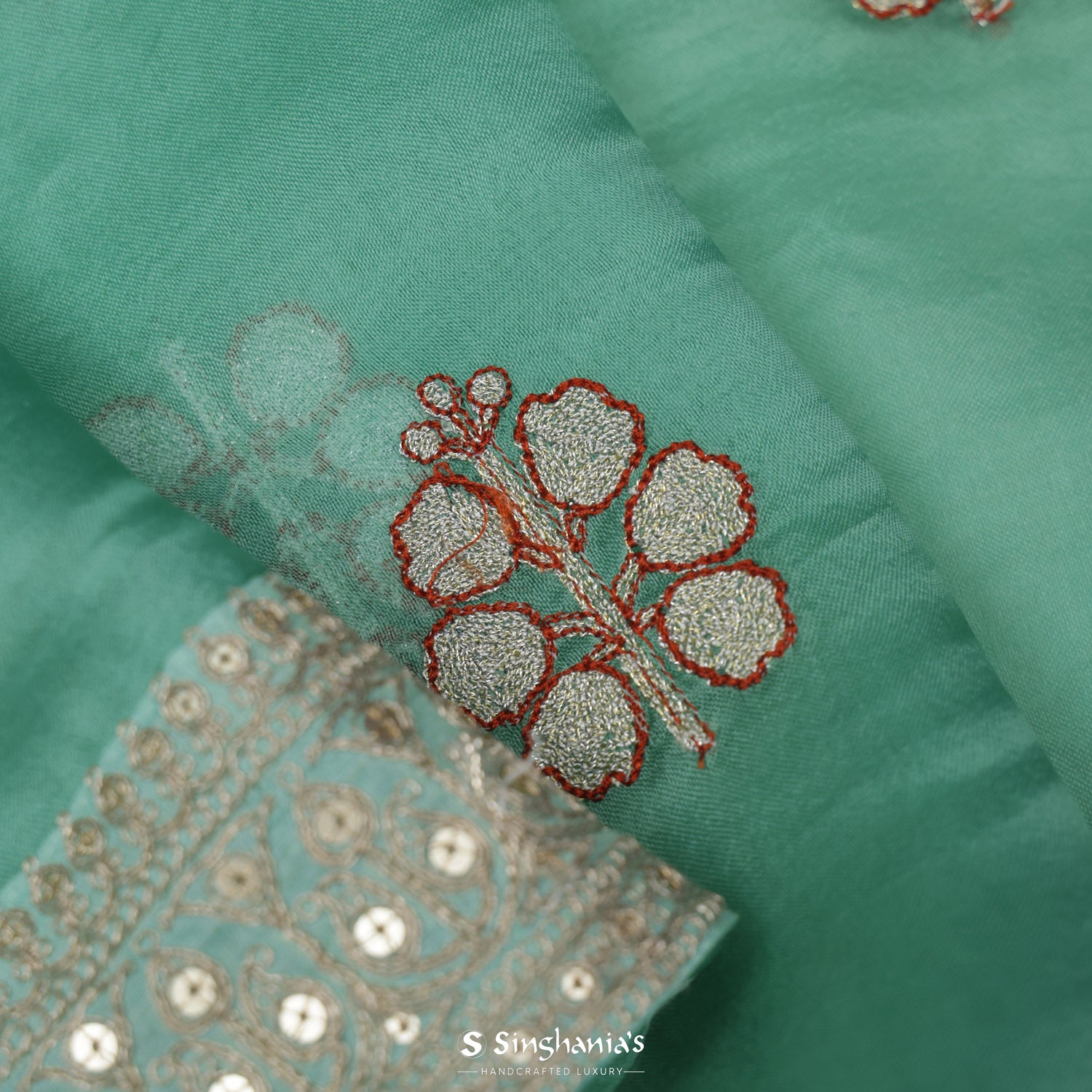 Jungle Green Organza Saree With Embroidery