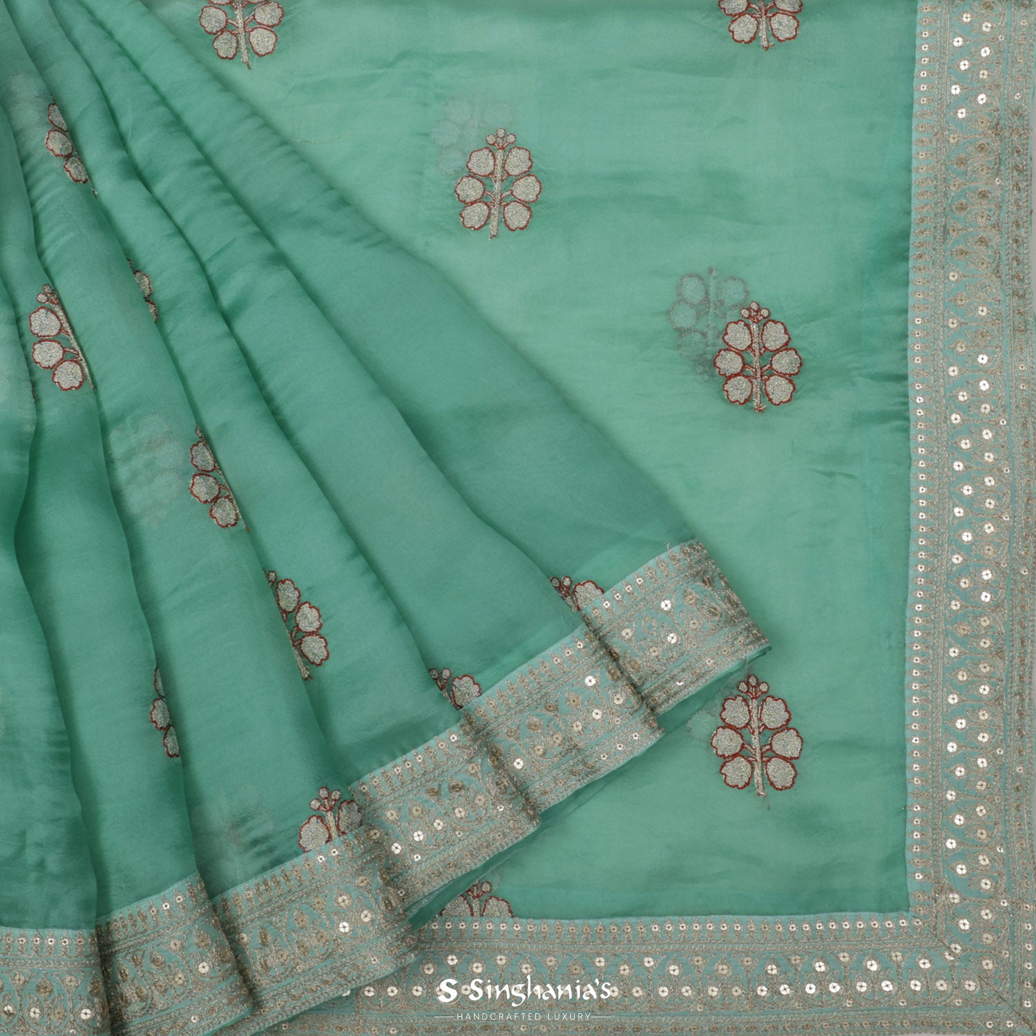 Jungle Green Organza Saree With Embroidery