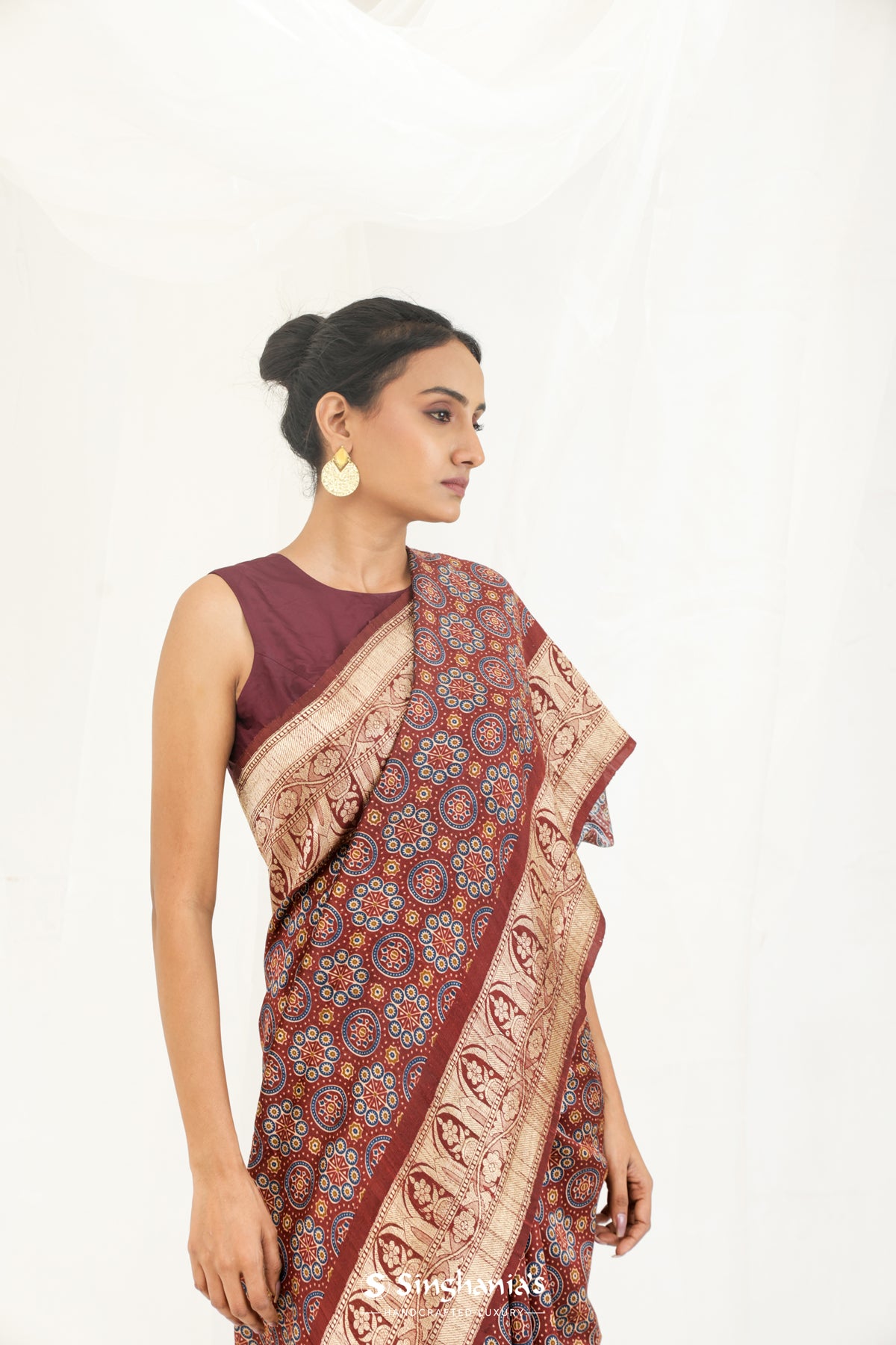 Brown Red Printed Ajrakh Silk Saree