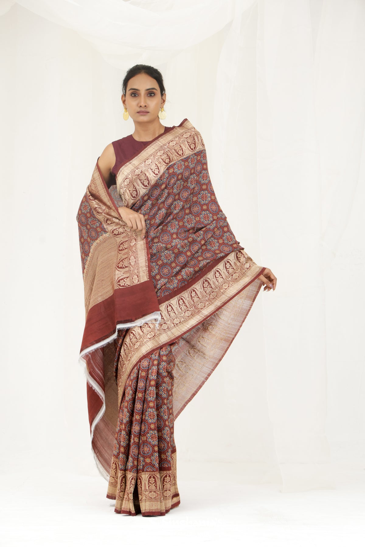 Brown Red Printed Ajrakh Silk Saree