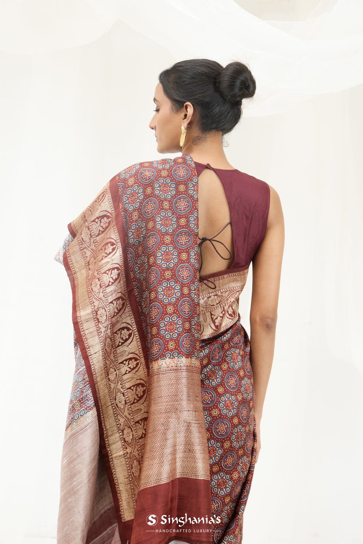 Brown Red Printed Ajrakh Silk Saree