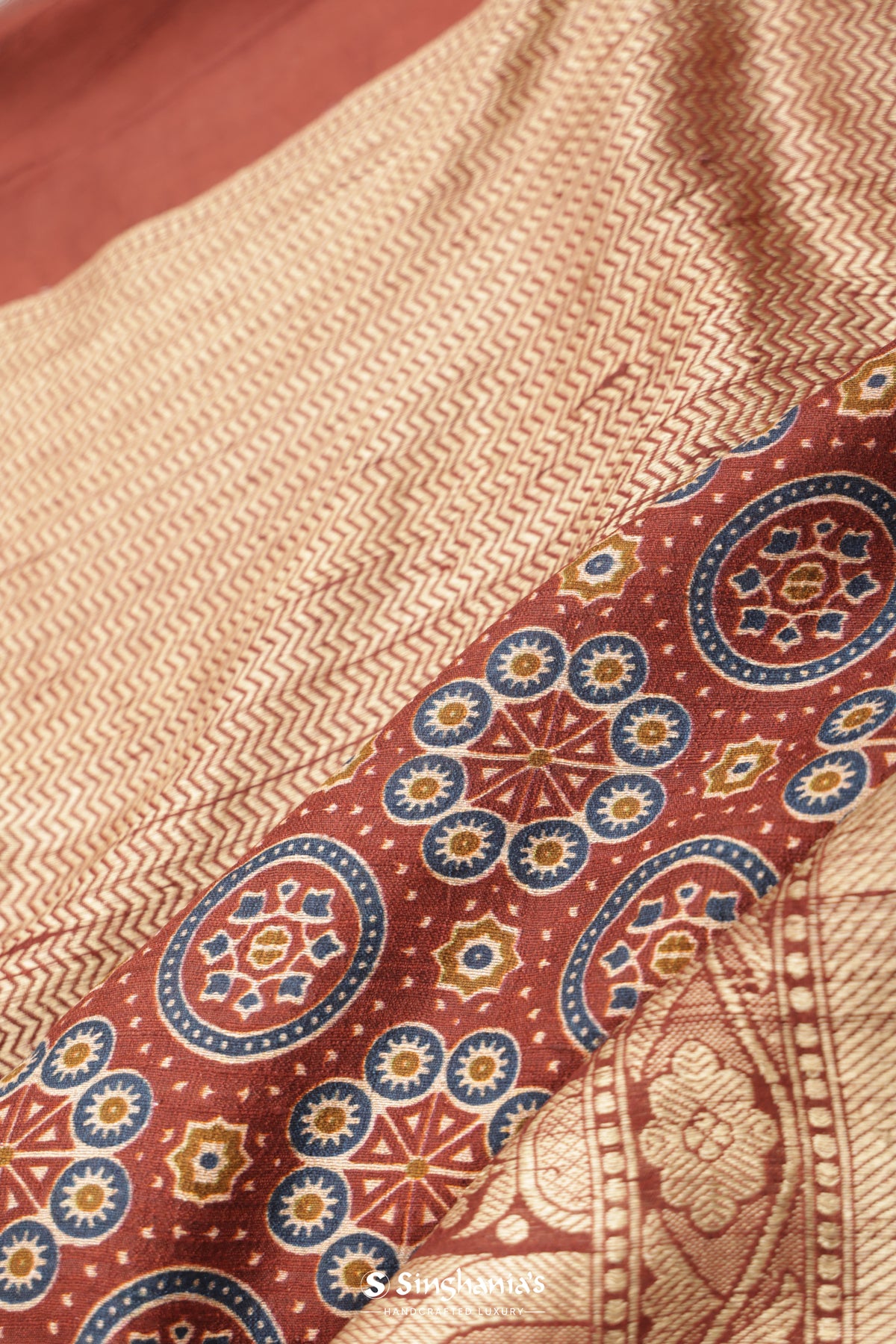 Brown Red Printed Ajrakh Silk Saree