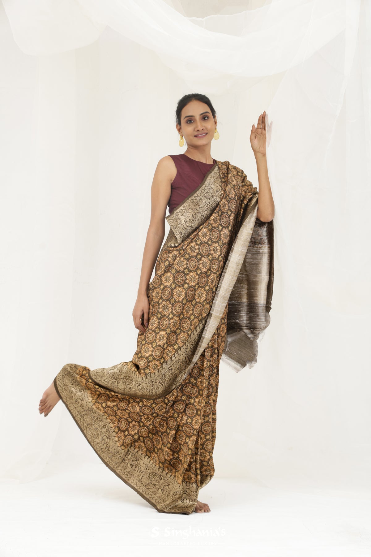 Moss Green Printed Ajrakh Silk Saree