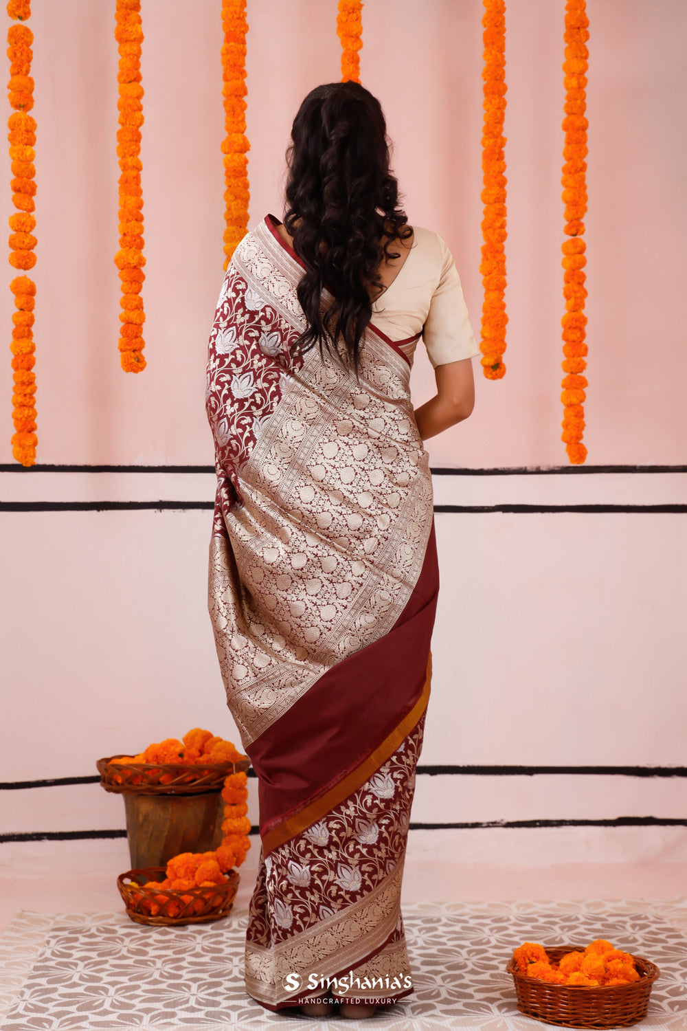 Athletic Maroon Banarasi Silk Saree With Floral Jaal Work