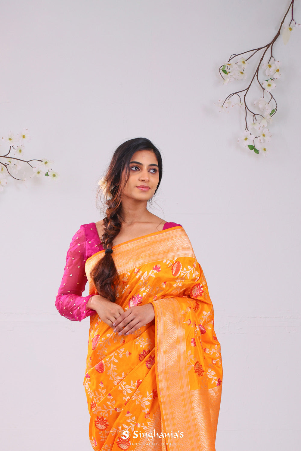 Yellow Orange Banarasi Silk Saree With Meenakari Floral Jaal